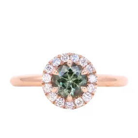 0.92ct Round Montana Sapphire Low Profile Diamond Halo Ring In 18k Rose Gold