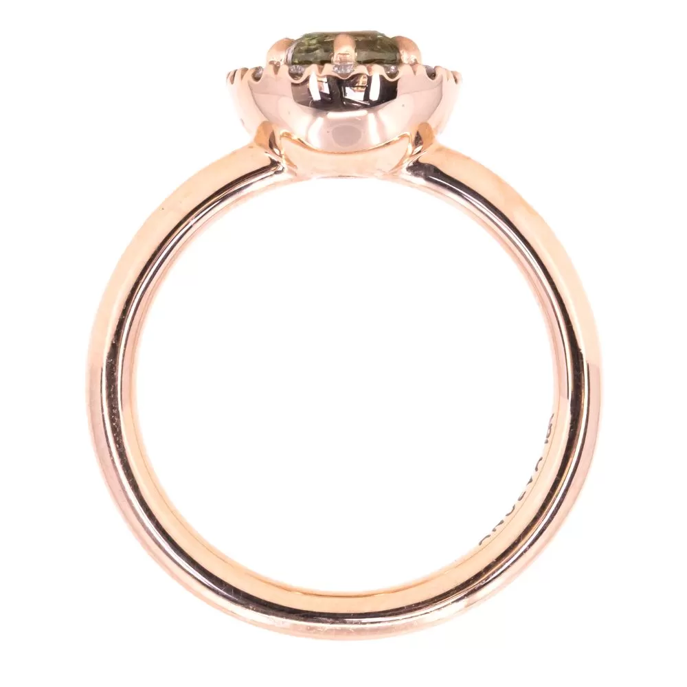 0.92ct Round Montana Sapphire Low Profile Diamond Halo Ring In 18k Rose Gold