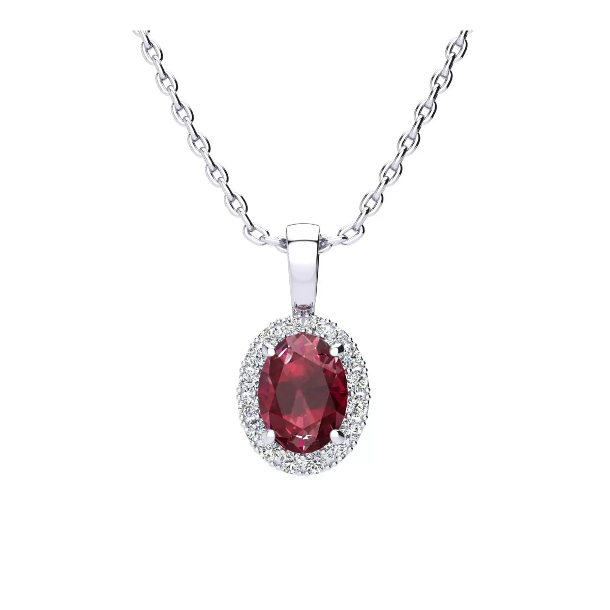 1 1/4 Carat Oval Shape Ruby And Halo Diamond Necklace In Sterling Silver With 18 Inch Chain