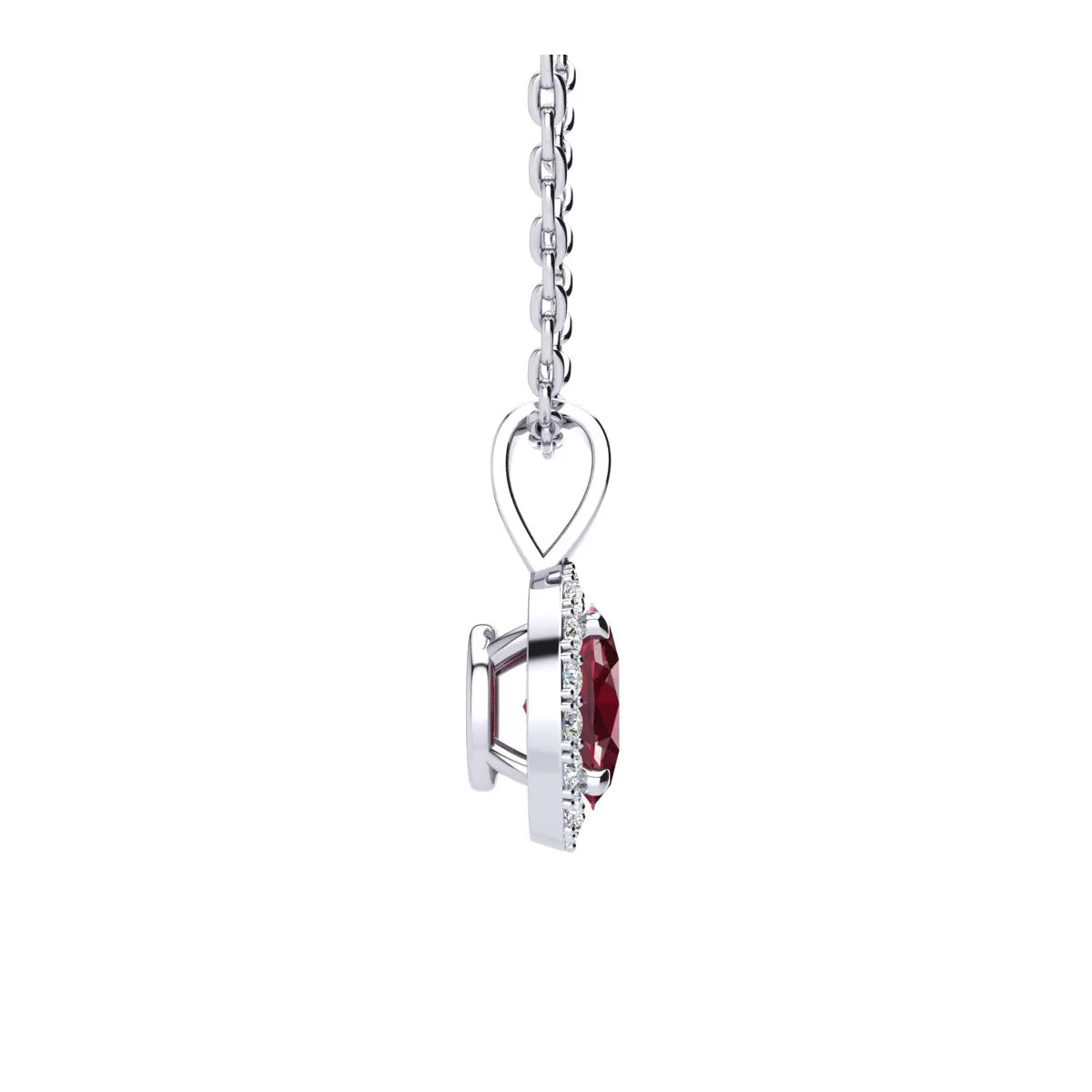 1 1/4 Carat Oval Shape Ruby And Halo Diamond Necklace In Sterling Silver With 18 Inch Chain