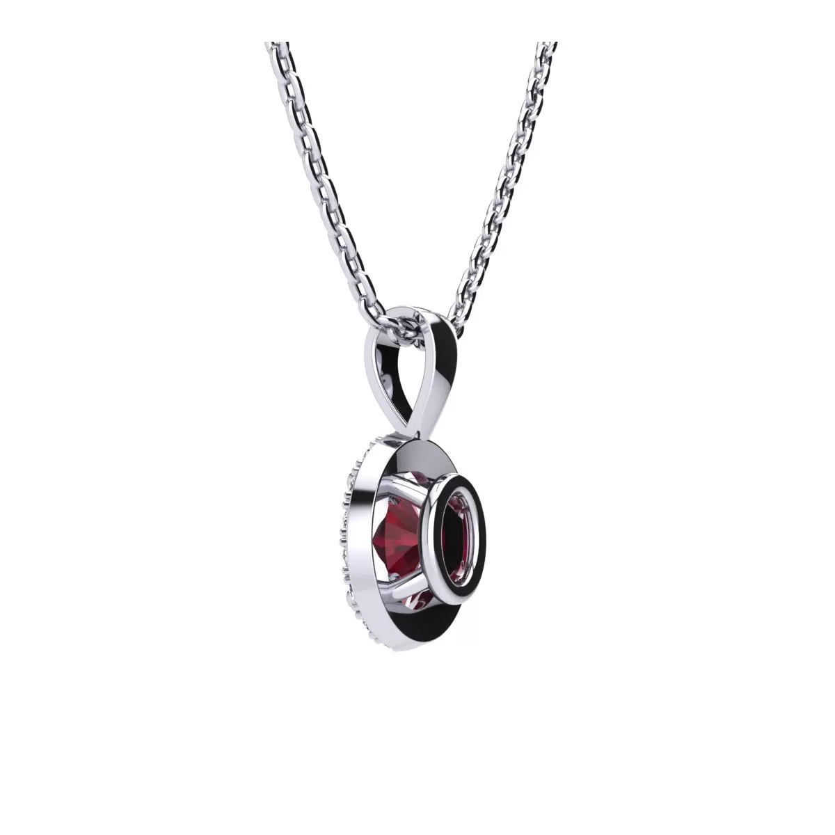 1 1/4 Carat Oval Shape Ruby And Halo Diamond Necklace In Sterling Silver With 18 Inch Chain