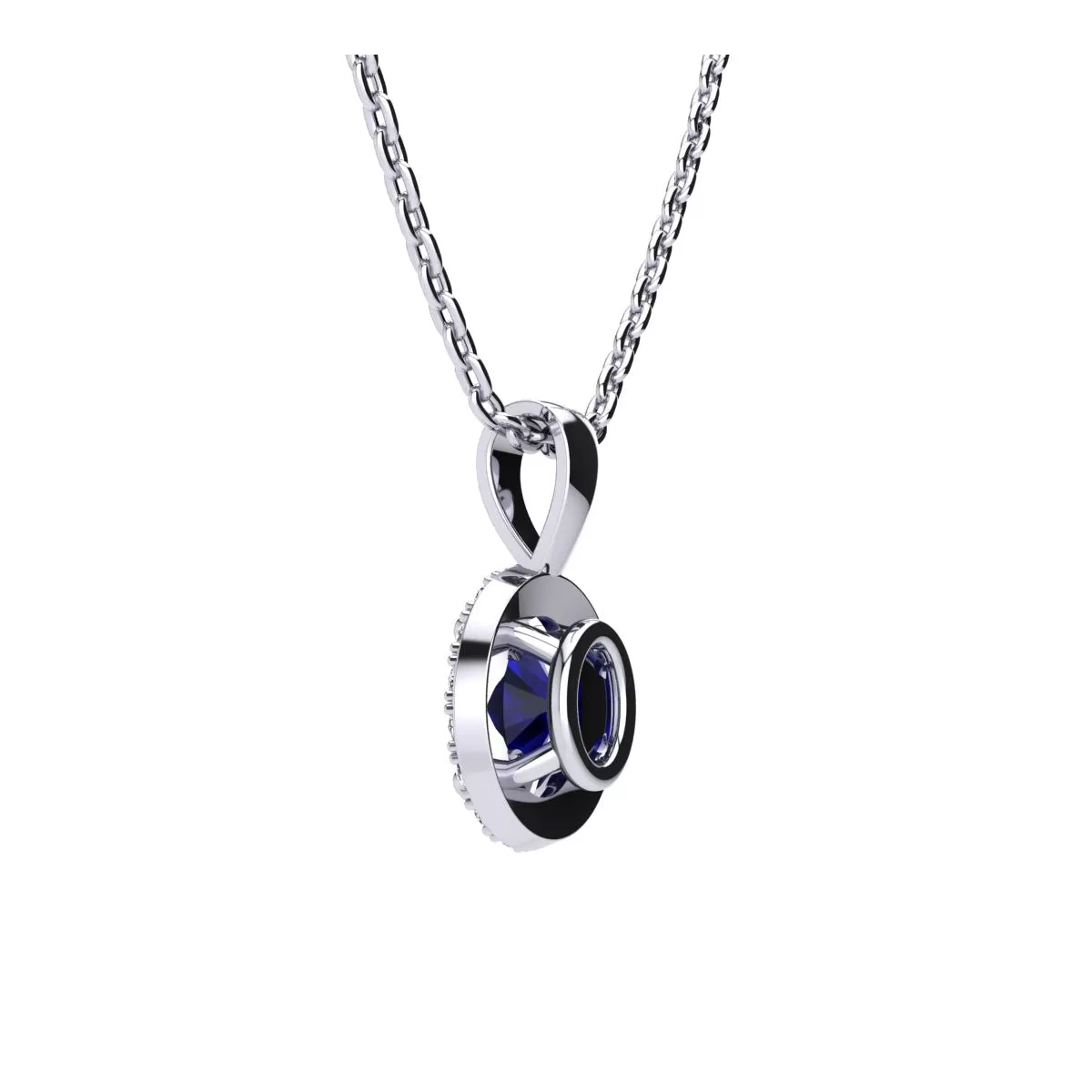 1 1/4 Carat Oval Shape Sapphire And Halo Diamond Necklace In Sterling Silver With 18 Inch Chain