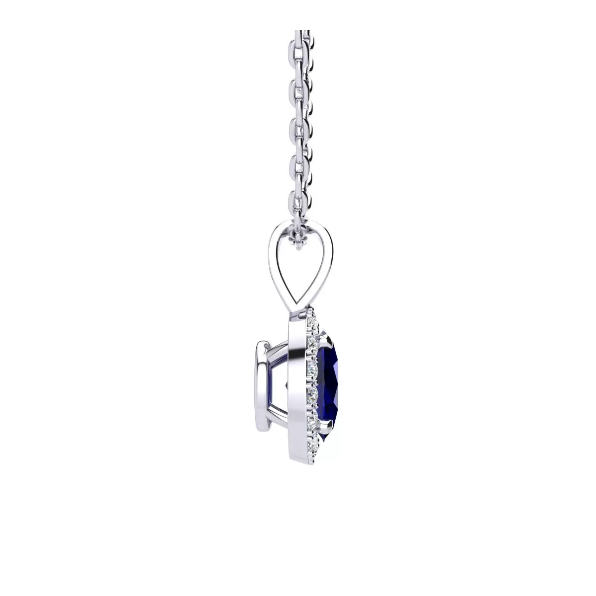 1 1/4 Carat Oval Shape Sapphire And Halo Diamond Necklace In Sterling Silver With 18 Inch Chain