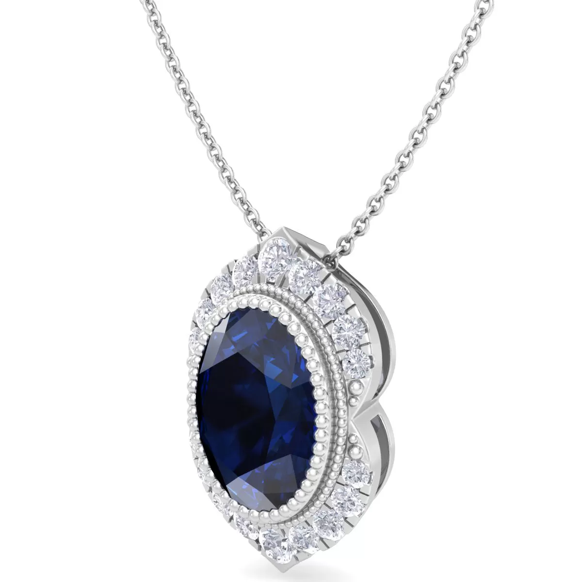 1 3/4 Carat Oval Shape Sapphire And Diamond Necklace In 14K White Gold