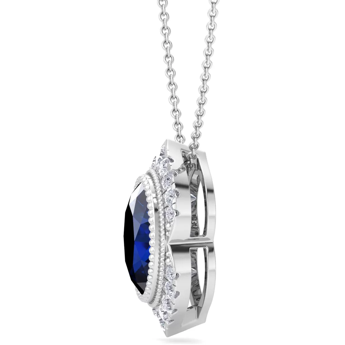 1 3/4 Carat Oval Shape Sapphire And Diamond Necklace In 14K White Gold