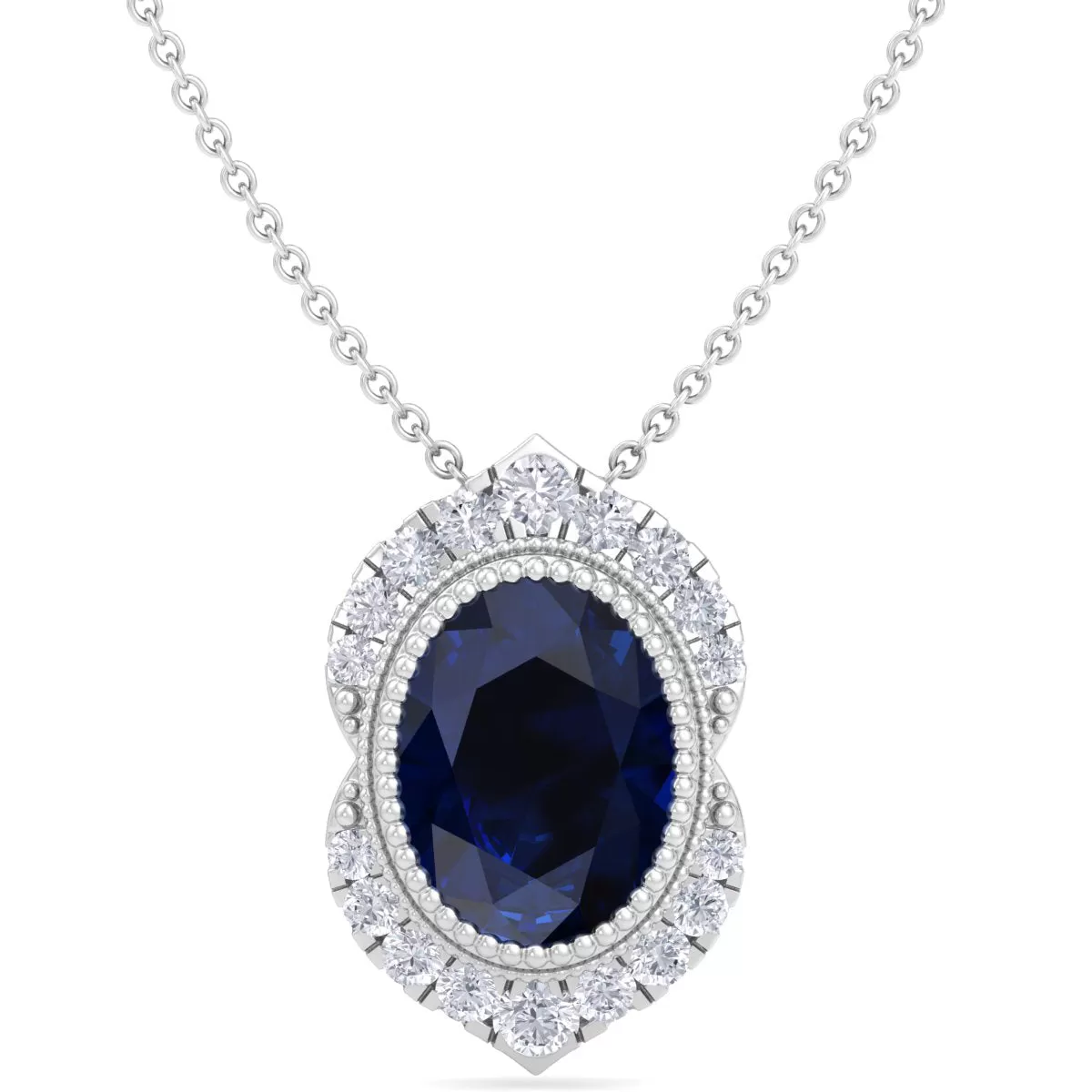 1 3/4 Carat Oval Shape Sapphire And Diamond Necklace In 14K White Gold