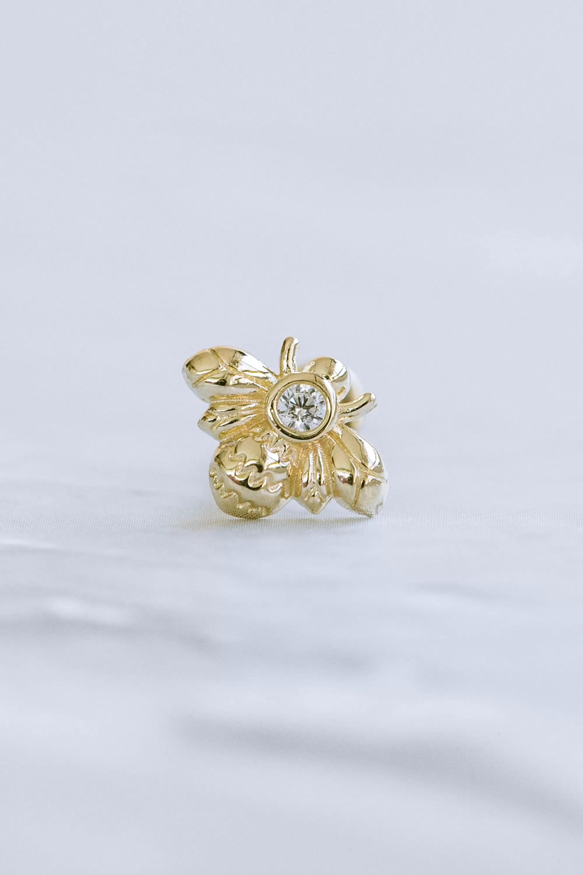 14K Real Gold Delicate Bumblebee Cute Bee Forward Helix Cartilage Diamond Shape Tragus Inner Conch Ear Stud Post Internally Threaded Earring Labret Jewelry