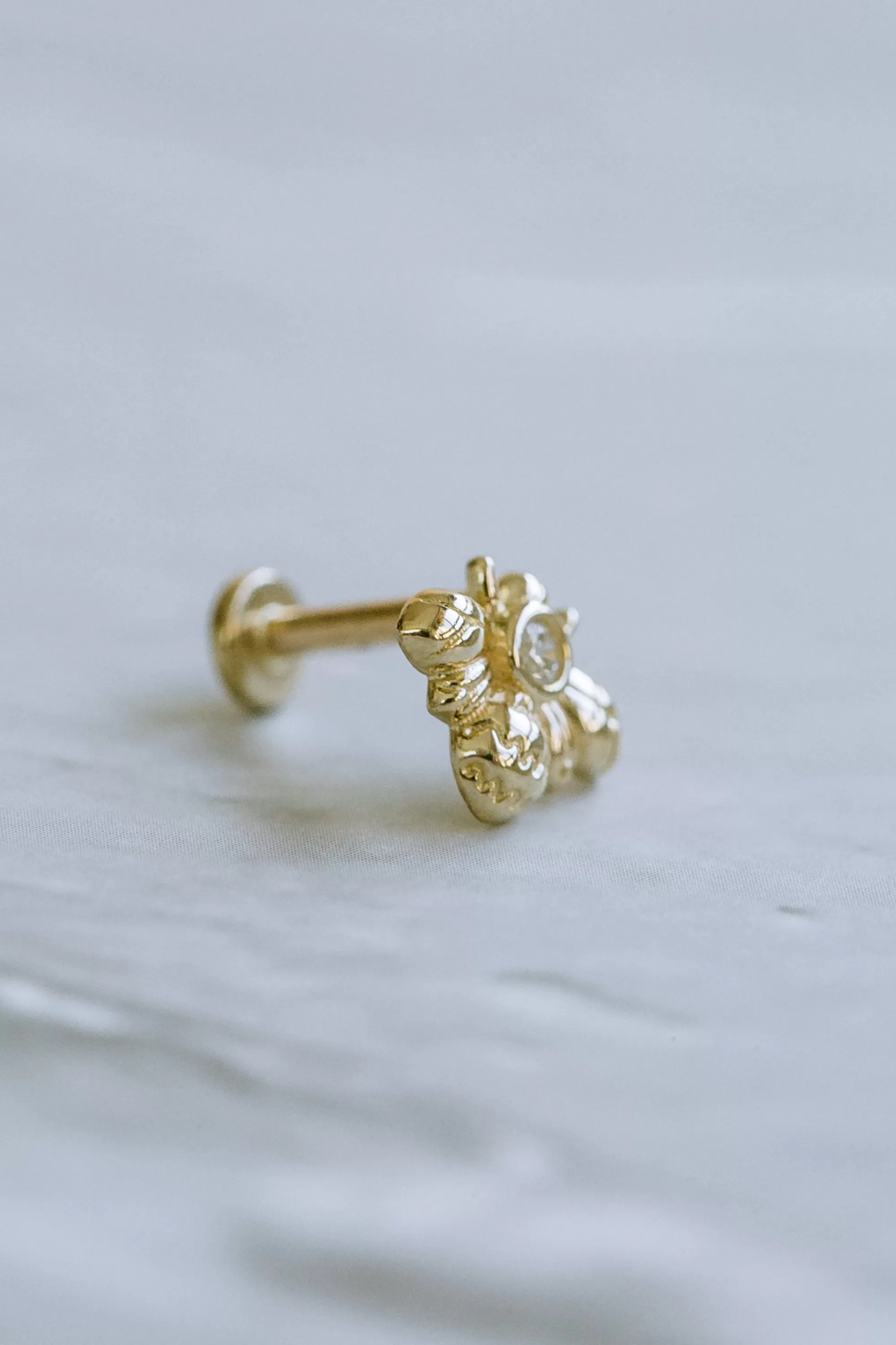 14K Real Gold Delicate Bumblebee Cute Bee Forward Helix Cartilage Diamond Shape Tragus Inner Conch Ear Stud Post Internally Threaded Earring Labret Jewelry