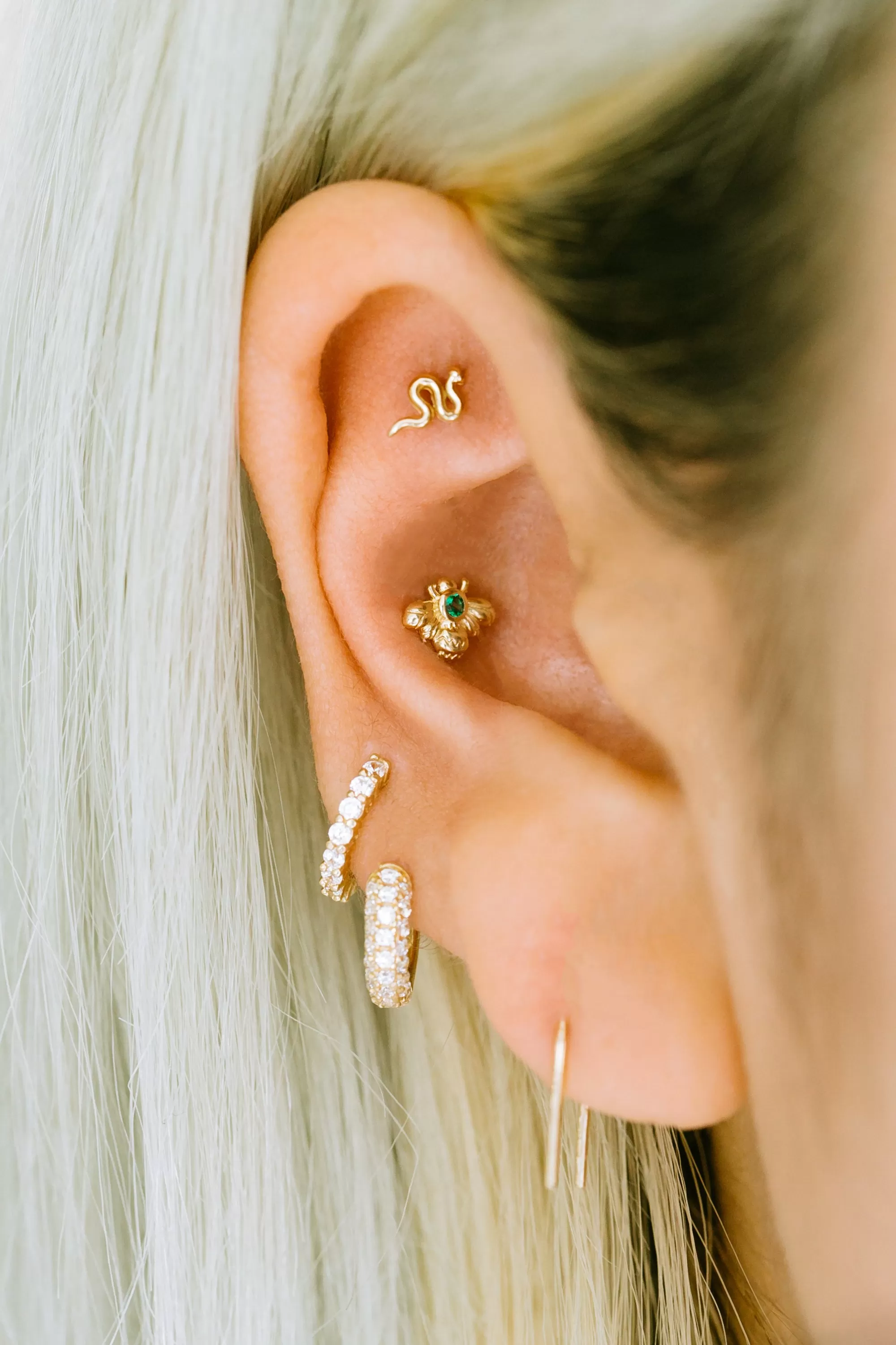 14K Real Gold Delicate Bumblebee Cute Bee Forward Helix Cartilage Diamond Shape Tragus Inner Conch Ear Stud Post Internally Threaded Earring Labret Jewelry