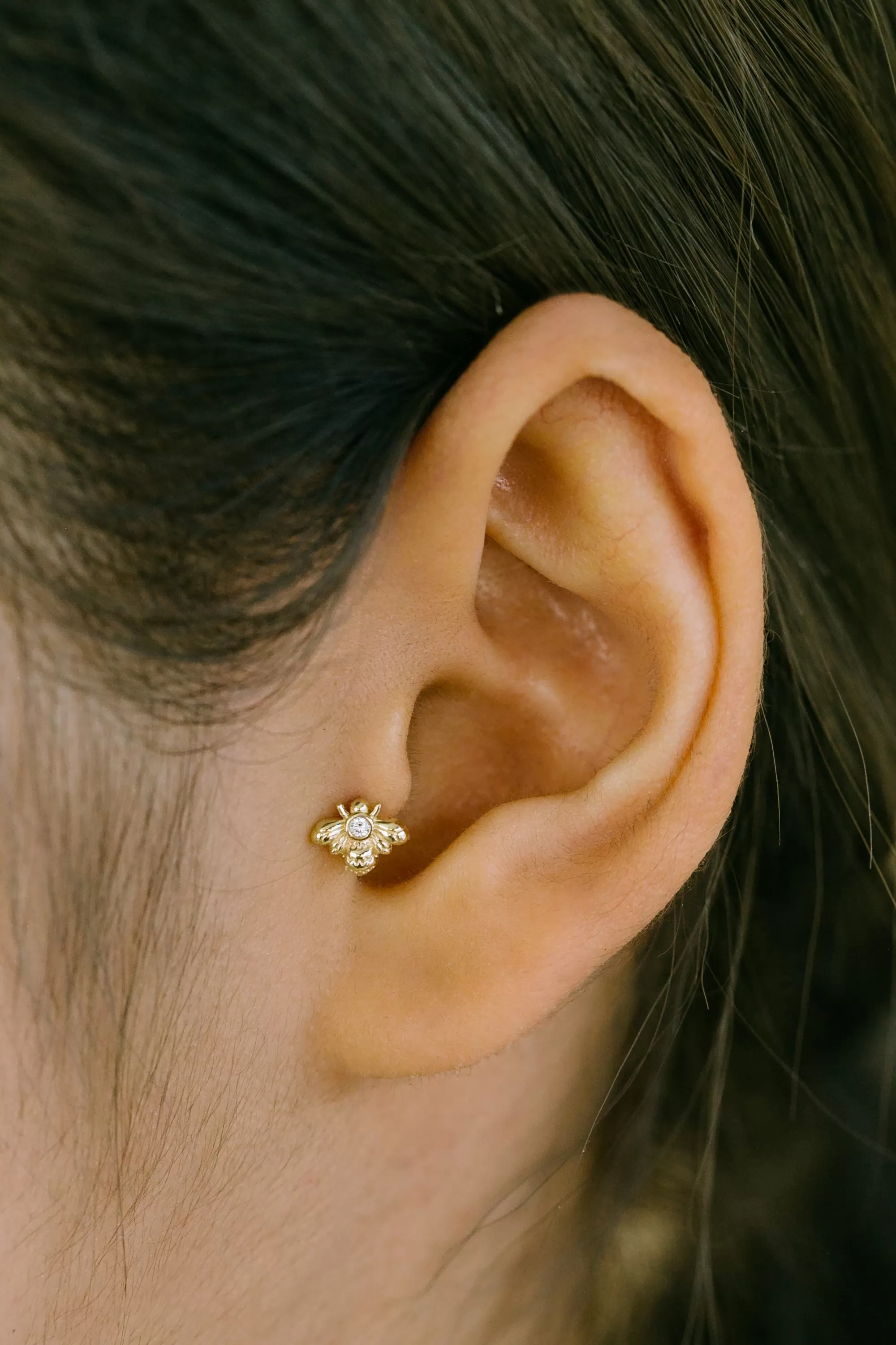 14K Real Gold Delicate Bumblebee Cute Bee Forward Helix Cartilage Diamond Shape Tragus Inner Conch Ear Stud Post Internally Threaded Earring Labret Jewelry