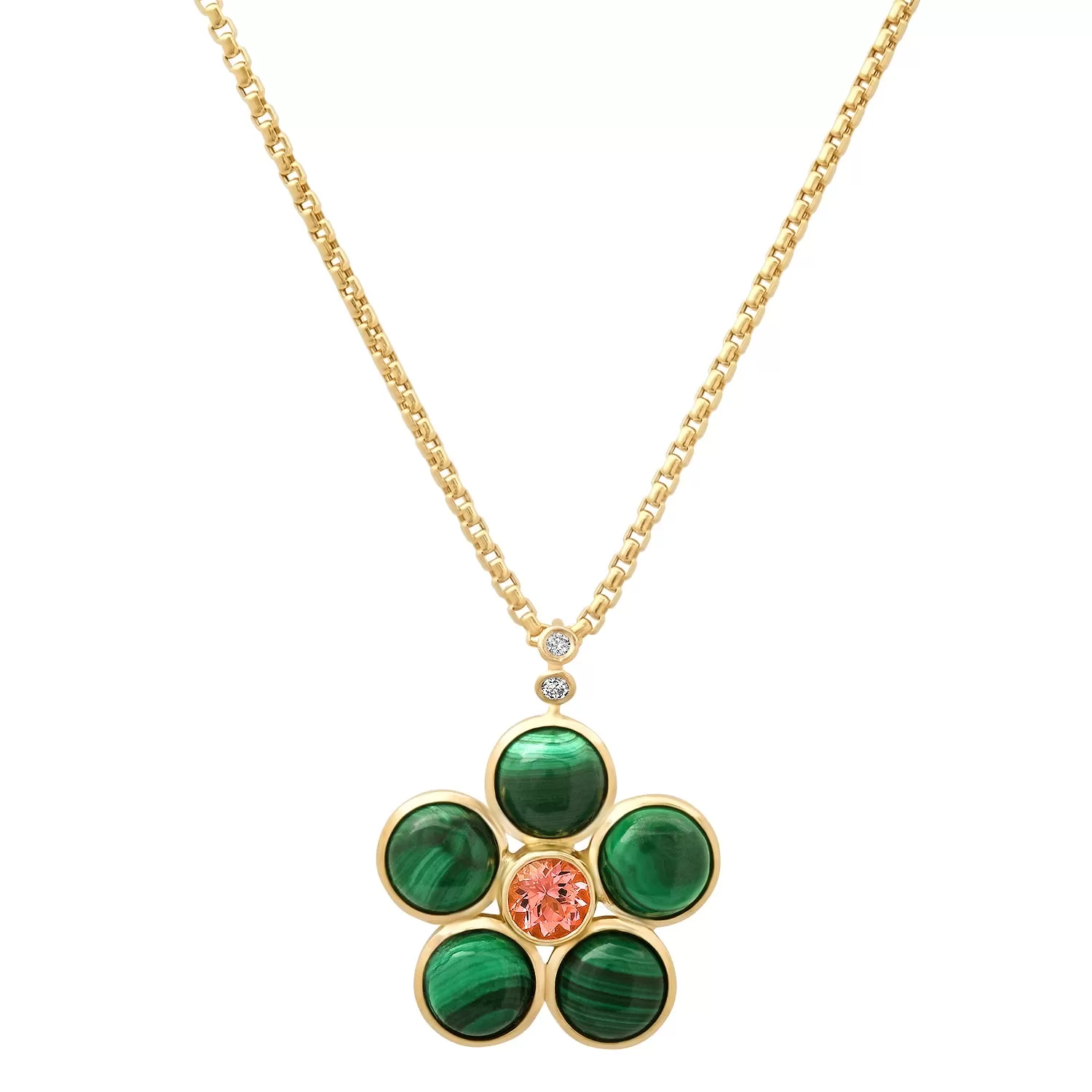 14K YG Malachite, Pink Tourmaline and Diamond Blossom Necklace