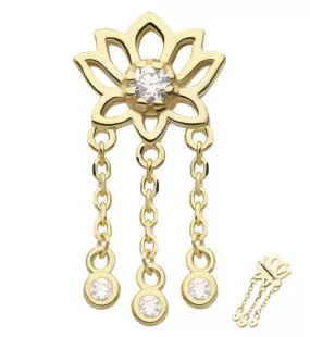 14kt Gold Lotus Flower Clear CZ Dangle Chains Threadless Top