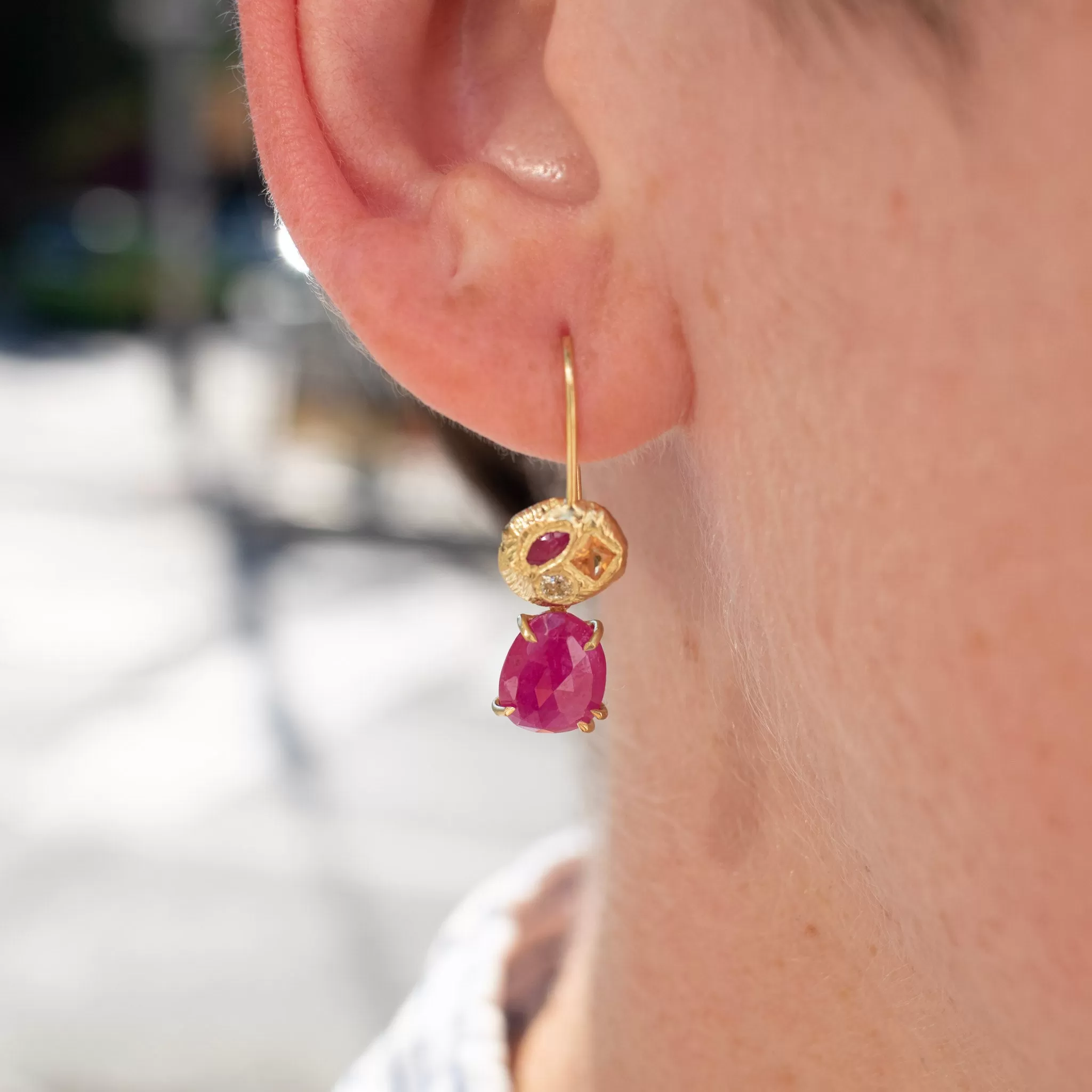 18K Geometric Ruby, Sapphire, and Diamond Drop Earrings