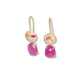 18K Geometric Ruby, Sapphire, and Diamond Drop Earrings