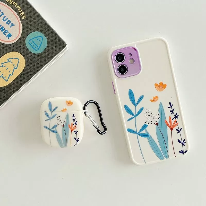 2-Piece Set: Flowers Cute Phone Case & Earphone Cover for AirPods 1, 2, Pro - Compatible with iPhone 12, 11, Pro Max, XR, XS, X, 7, 8, Plus