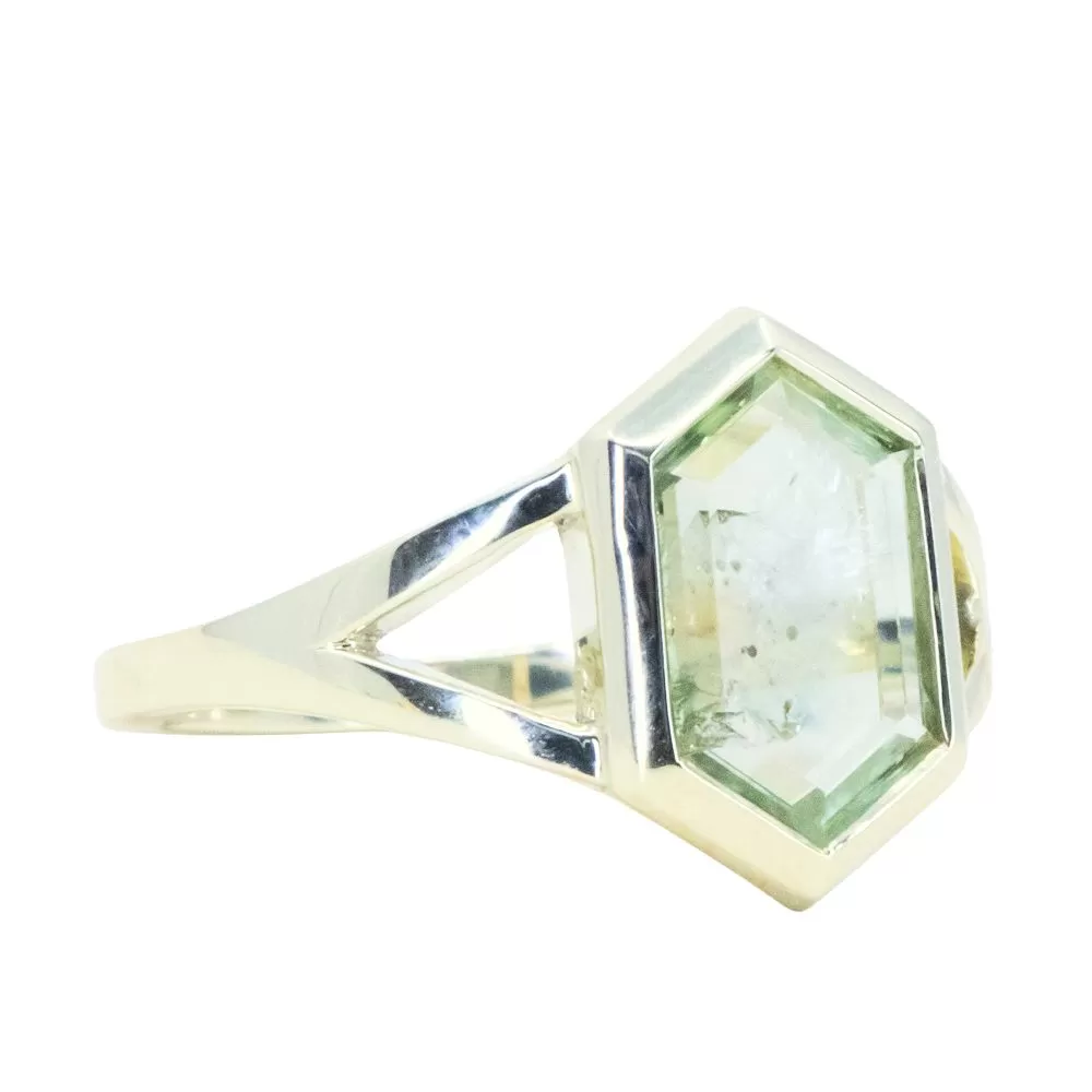 2.04ct Montana Sapphire Hexagon Portrait Cut Low Profile Bezel Split Shank Solitaire Ring in 14k Green Gold