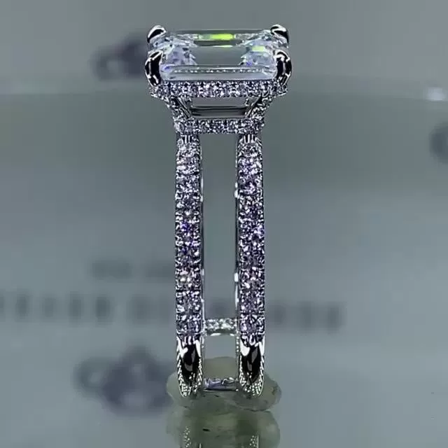 7.4CT Emerald Cut Engagement Ring In Sterling Silver