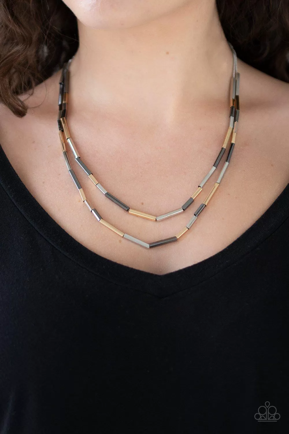 A Pipe Dream Multi Gold, Silver and Gunmetal Necklace - Paparazzi Accessories