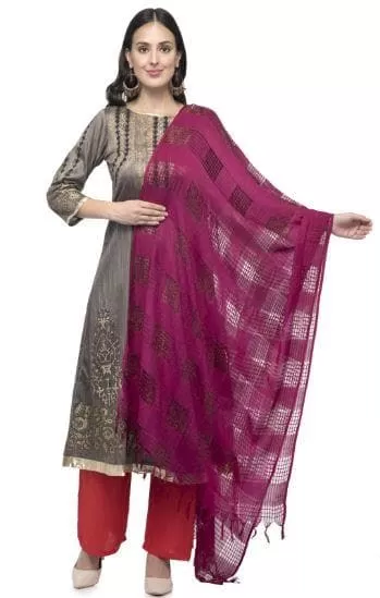 A R Silk Women's Cotton Window Check Purple Regular Dupatta