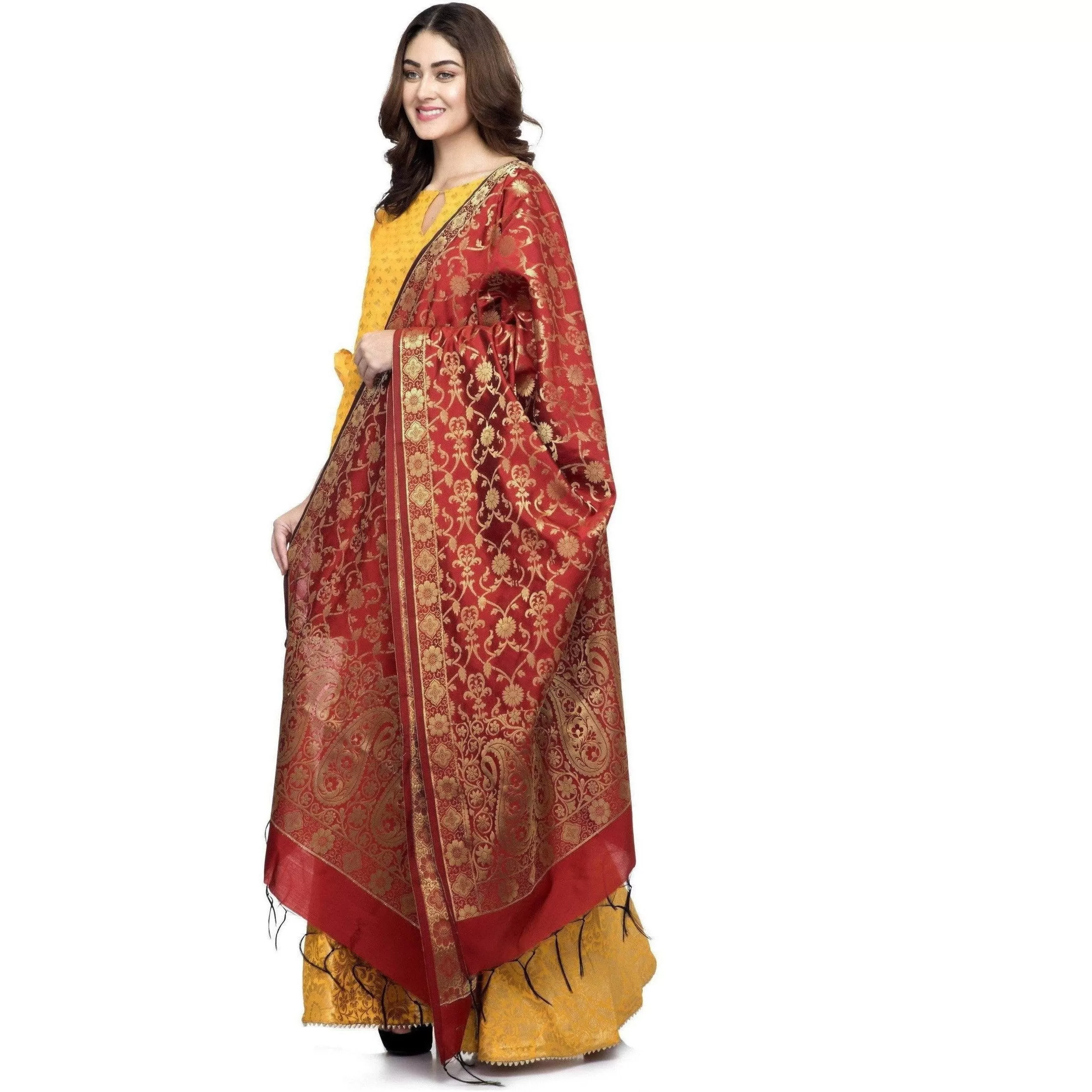 A R Silk Women's Vanarsi Silk Zari Embroidery Mehroon Fancy Dupatta