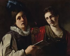 A young man singing with a young woman holding a rose