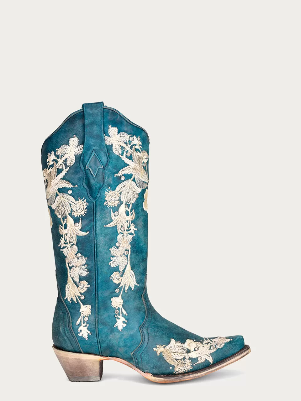 A4361 - WOMEN'S WHITE FLORAL EMBROIDERY WITH CRYSTALS NAVY BLUE SNIP TOE COWBOY BOOT