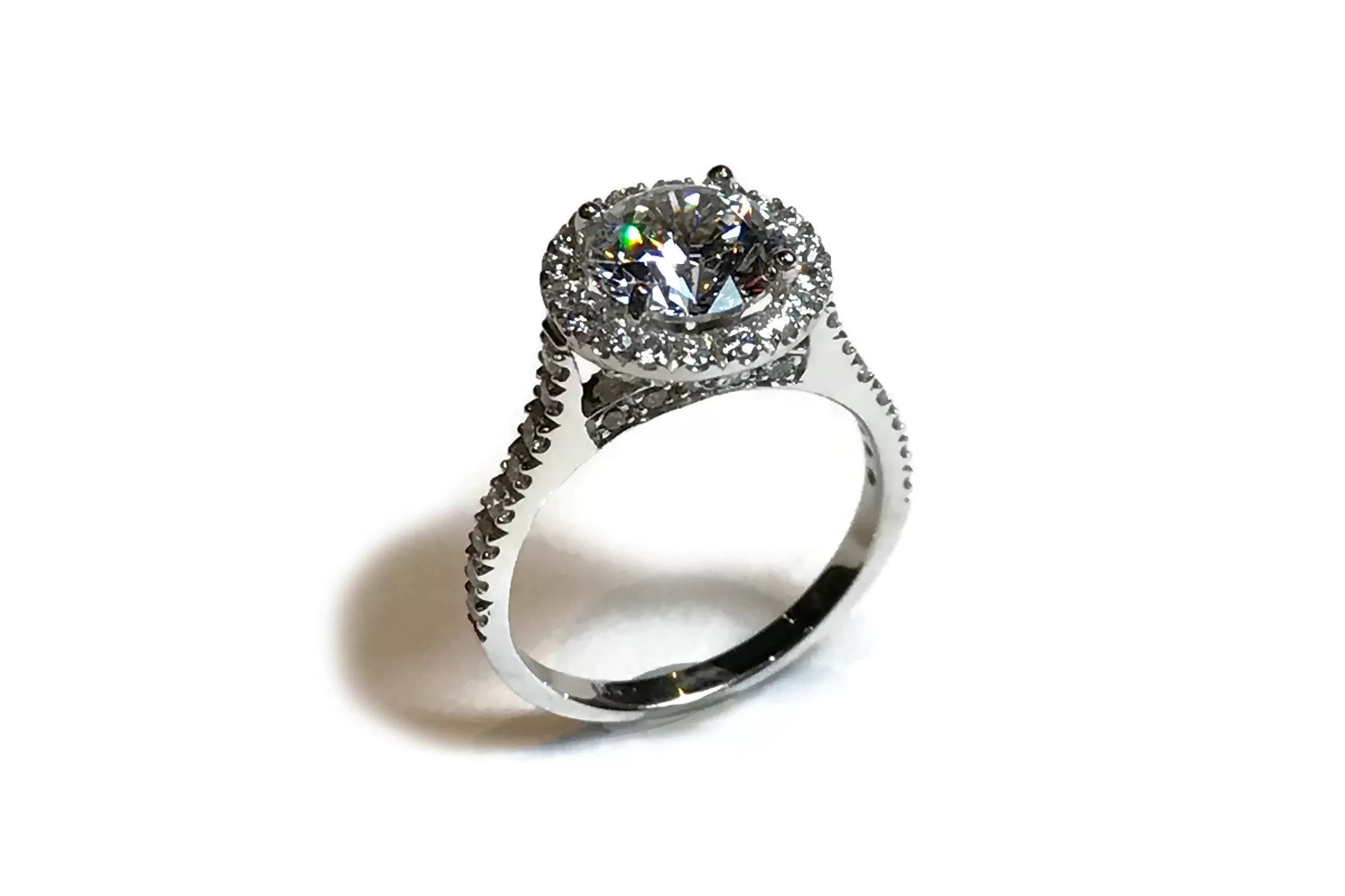 AF Jewelers Mounting Halo Ring for 1 Round Diamond approx 1.50 carat mm 7.20 with Diamonds, 18k White Gold