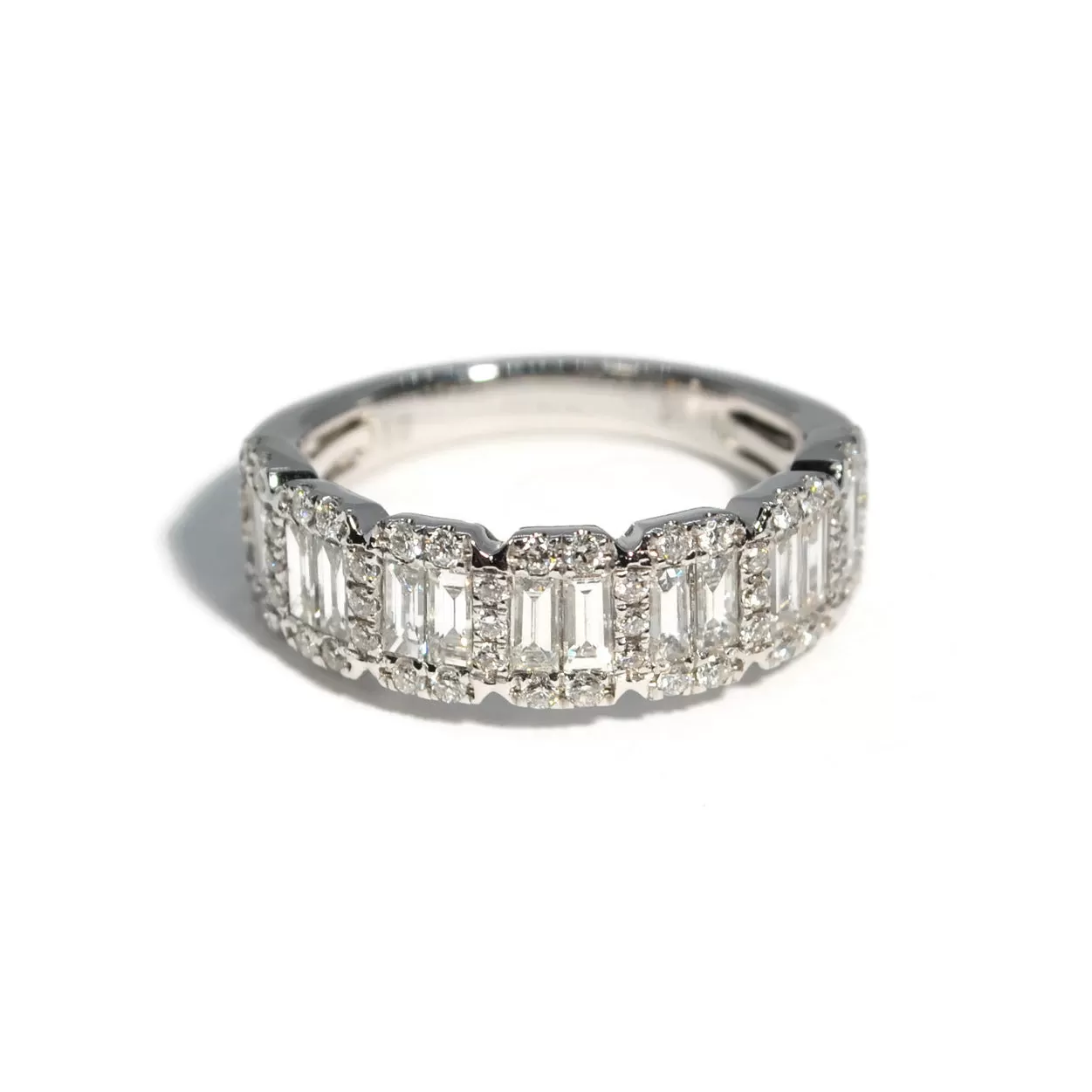 AFJ Diamond Collection - Halfway Eternity Band Ring with Baguette and Round Diamonds 1.18 carats, 18k White Gold