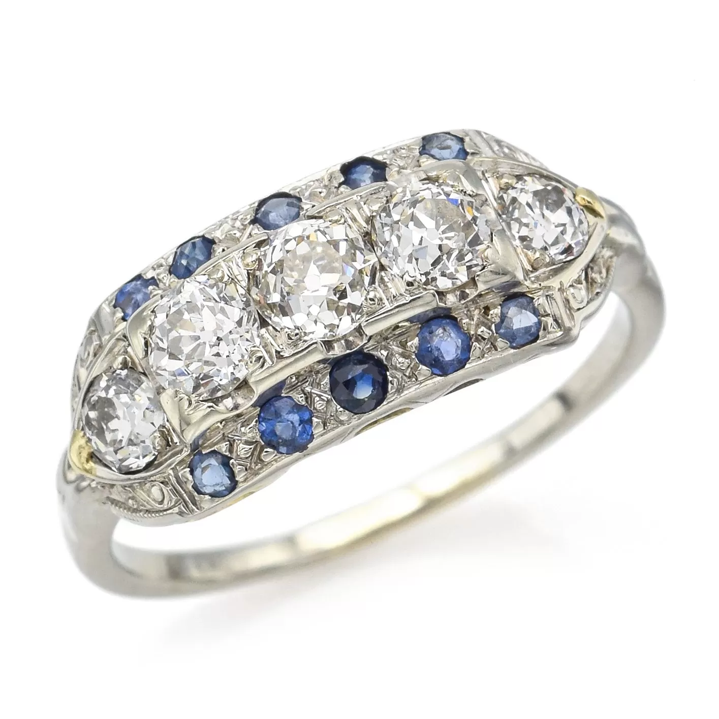 Antique Art Deco 14K White Gold 0.92 TCW Old Euro Diamond & Sapphire Ring