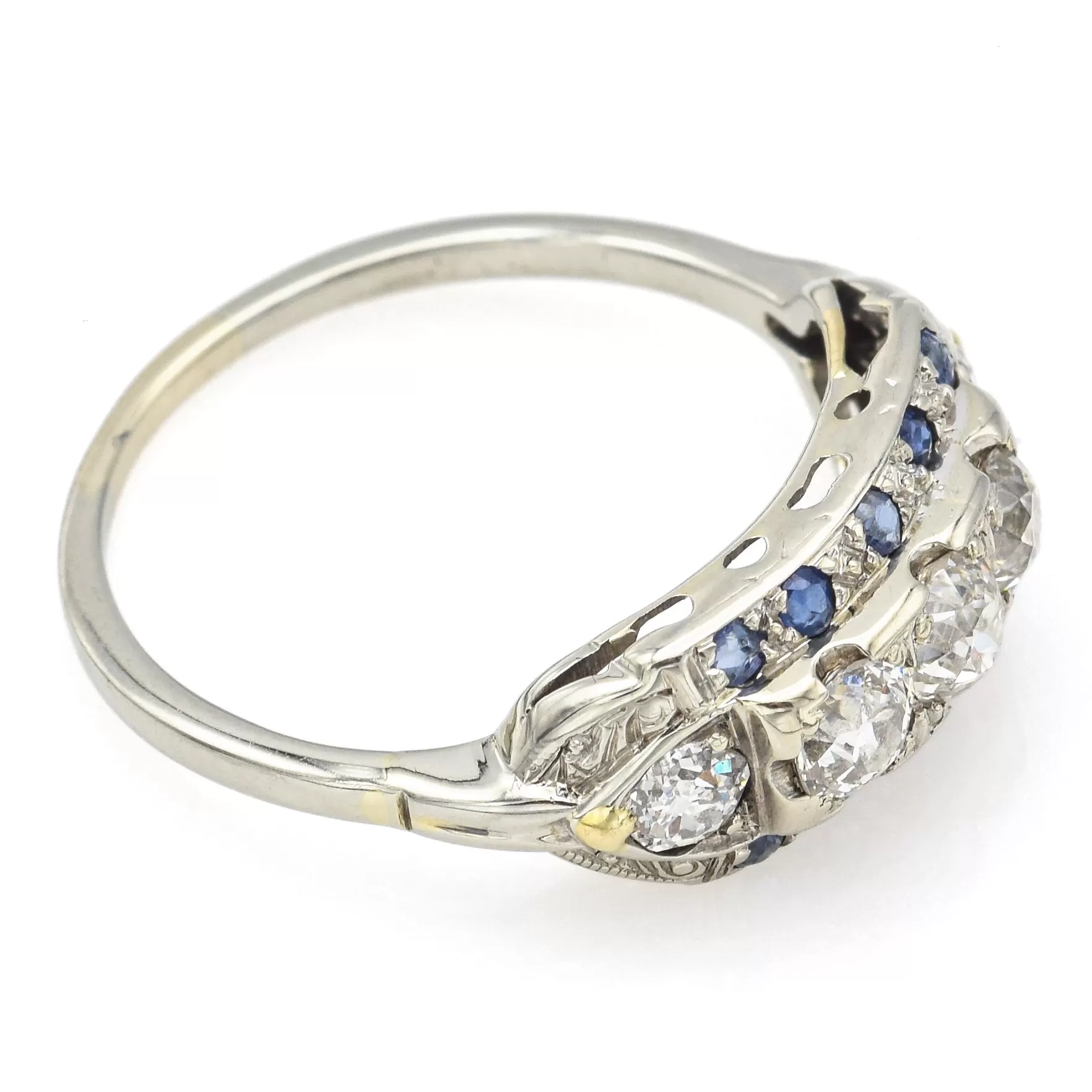 Antique Art Deco 14K White Gold 0.92 TCW Old Euro Diamond & Sapphire Ring