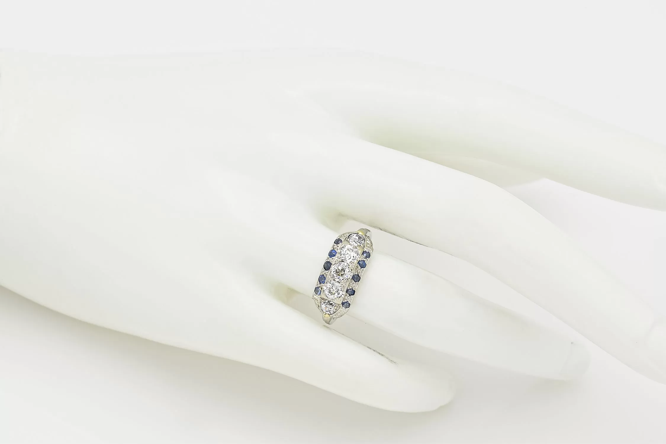 Antique Art Deco 14K White Gold 0.92 TCW Old Euro Diamond & Sapphire Ring