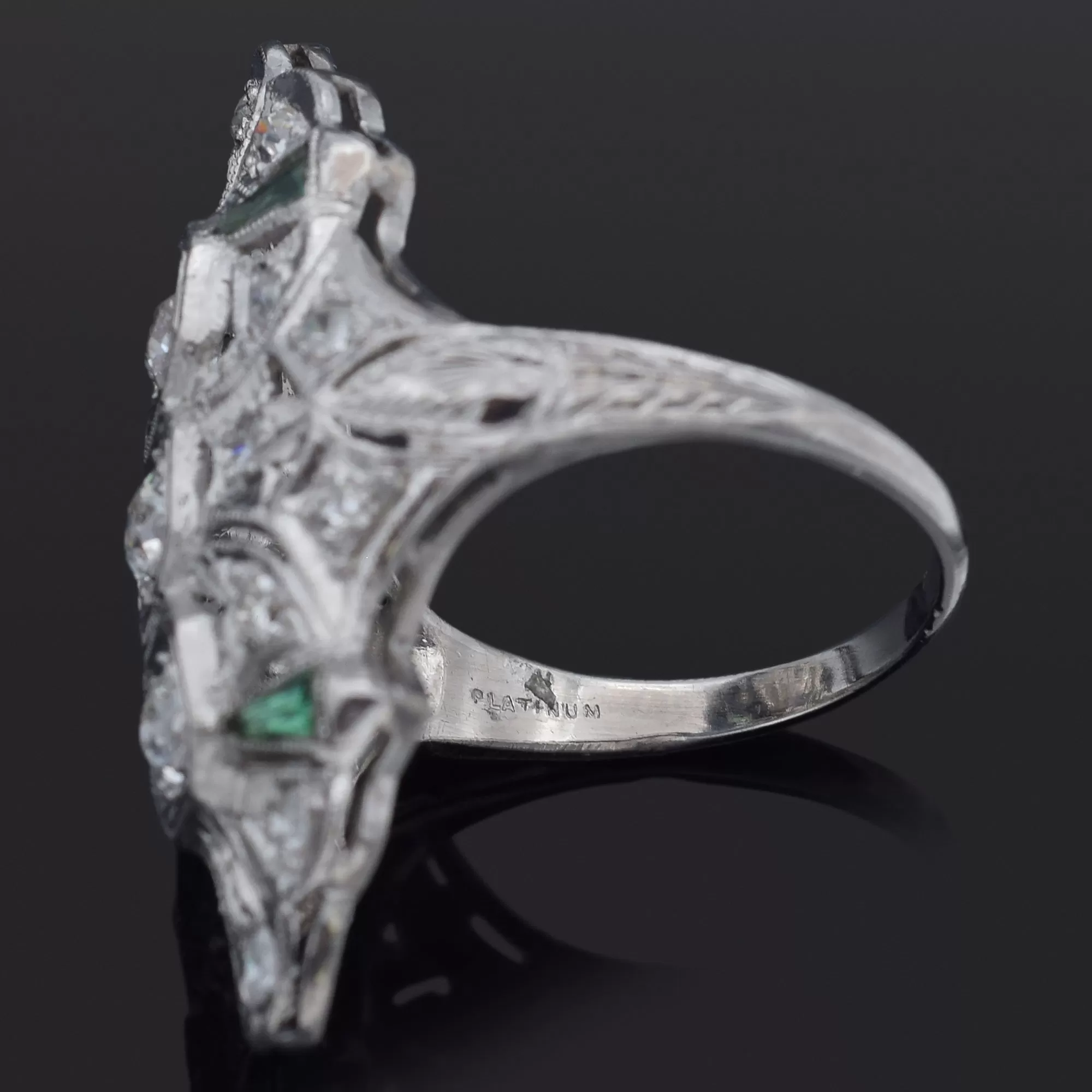 Antique Art Deco Platinum 1.01 TCW Diamond & Green Paste Cocktail Ring Size 6.25