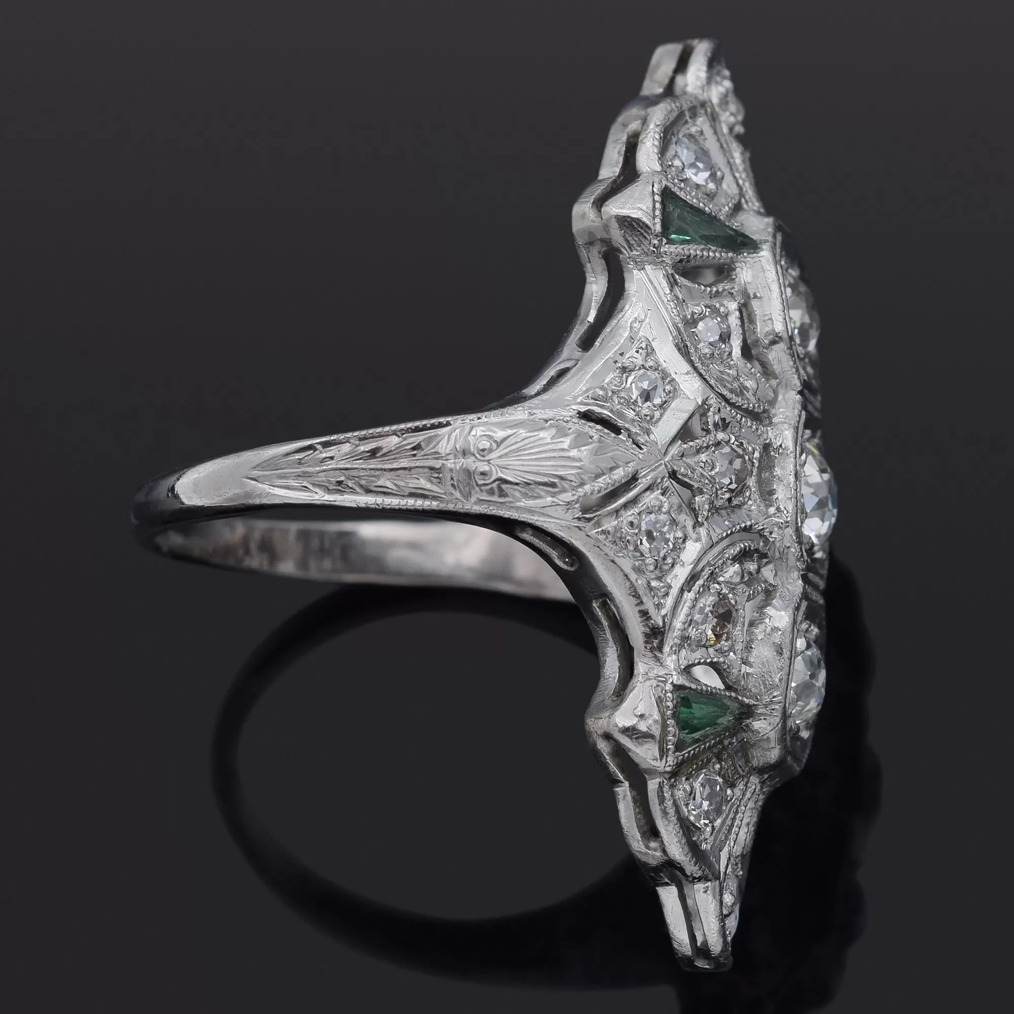 Antique Art Deco Platinum 1.01 TCW Diamond & Green Paste Cocktail Ring Size 6.25