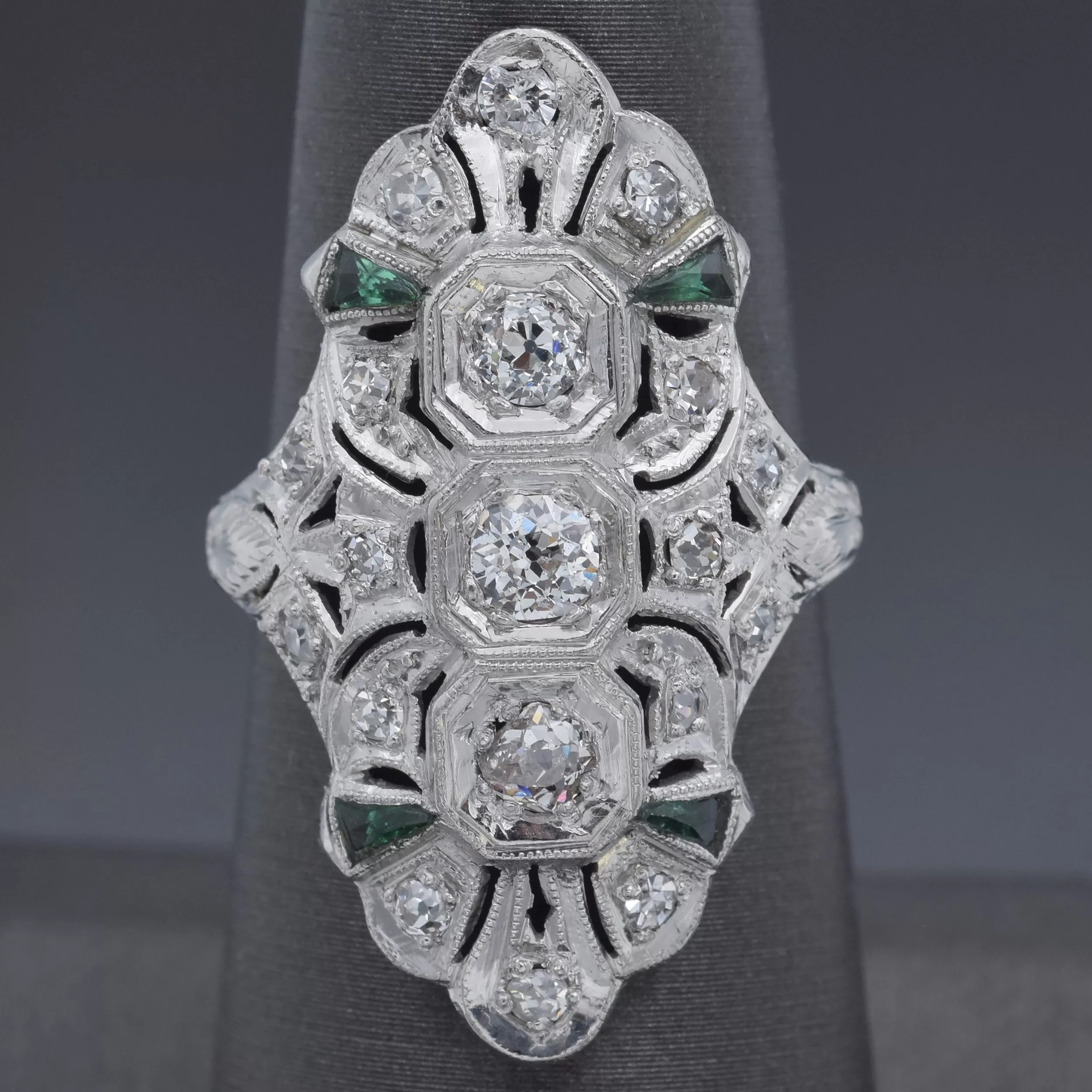 Antique Art Deco Platinum 1.01 TCW Diamond & Green Paste Cocktail Ring Size 6.25