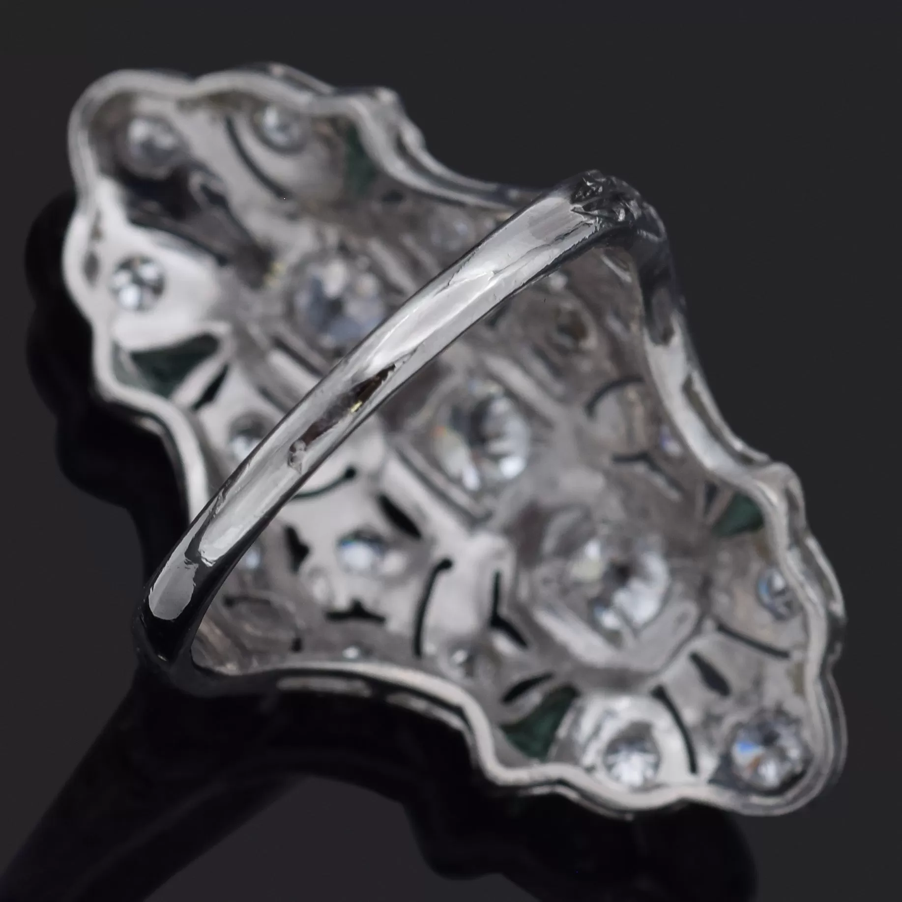 Antique Art Deco Platinum 1.01 TCW Diamond & Green Paste Cocktail Ring Size 6.25