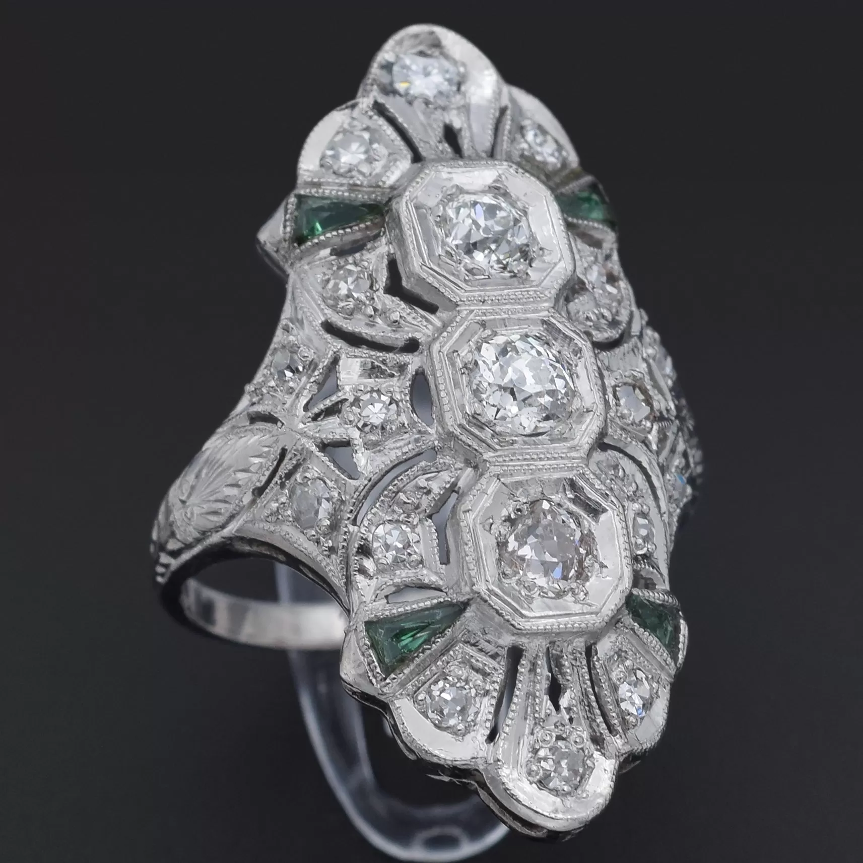 Antique Art Deco Platinum 1.01 TCW Diamond & Green Paste Cocktail Ring Size 6.25