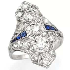 Antique Platinum 0.16 TCW Sapphire & 0.63 TCW Euro Cut Diamond Art Deco Ring J VS-2