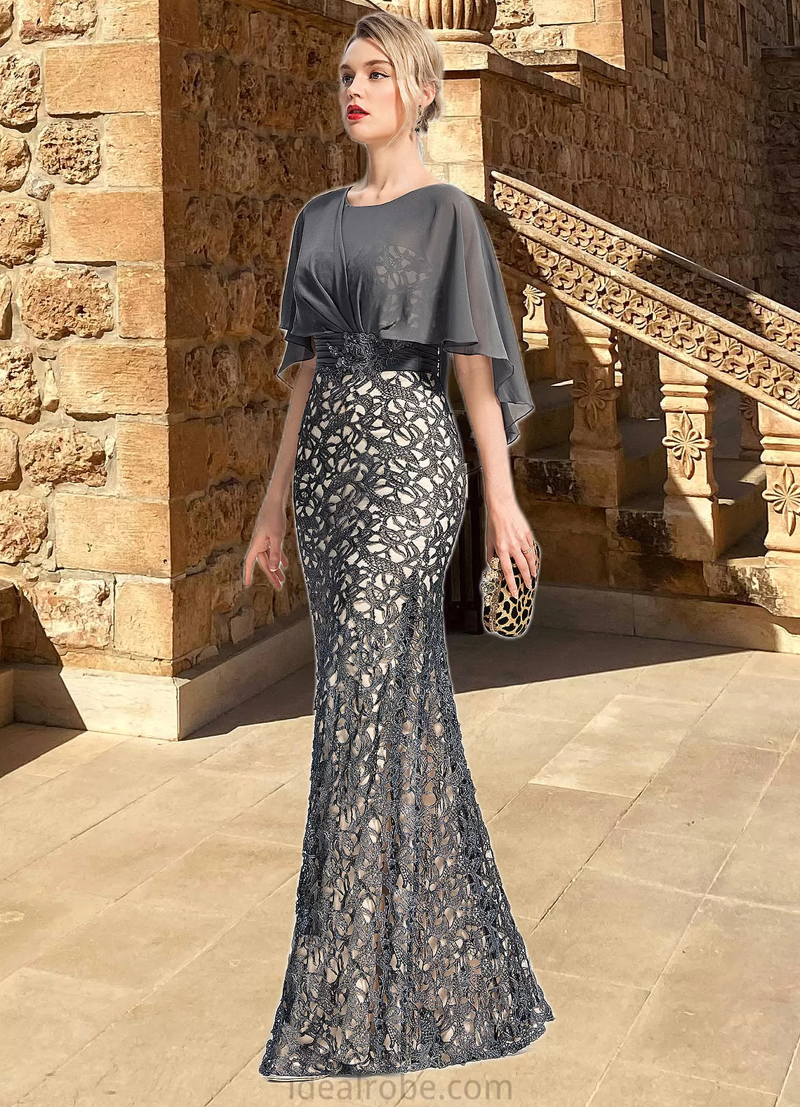 Audrey Sheath/Column Scoop Floor-Length Chiffon Lace Mother of the Bride Dress With Beading Flower Sequins STKP0021722