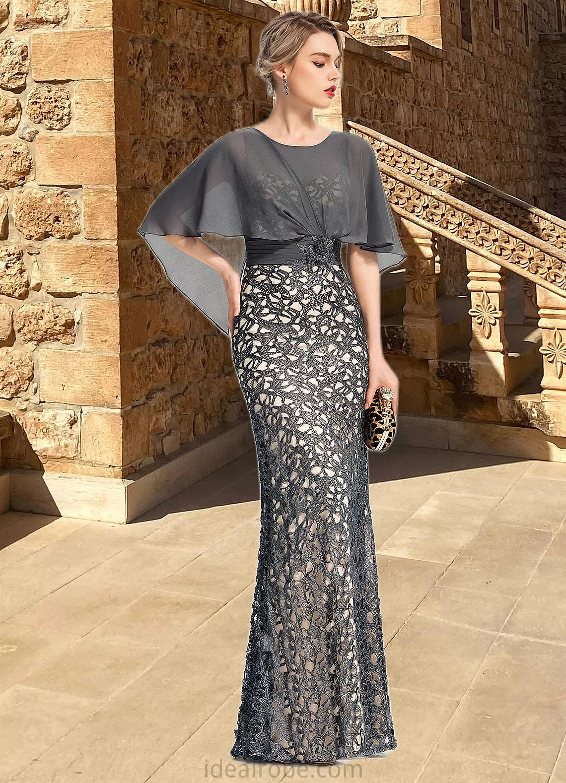 Audrey Sheath/Column Scoop Floor-Length Chiffon Lace Mother of the Bride Dress With Beading Flower Sequins STKP0021722