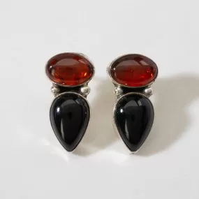 Baltic Amber & Black Onyx Navajo USA Native American Made 925 Sterling Silver Earrings with Stud Backing