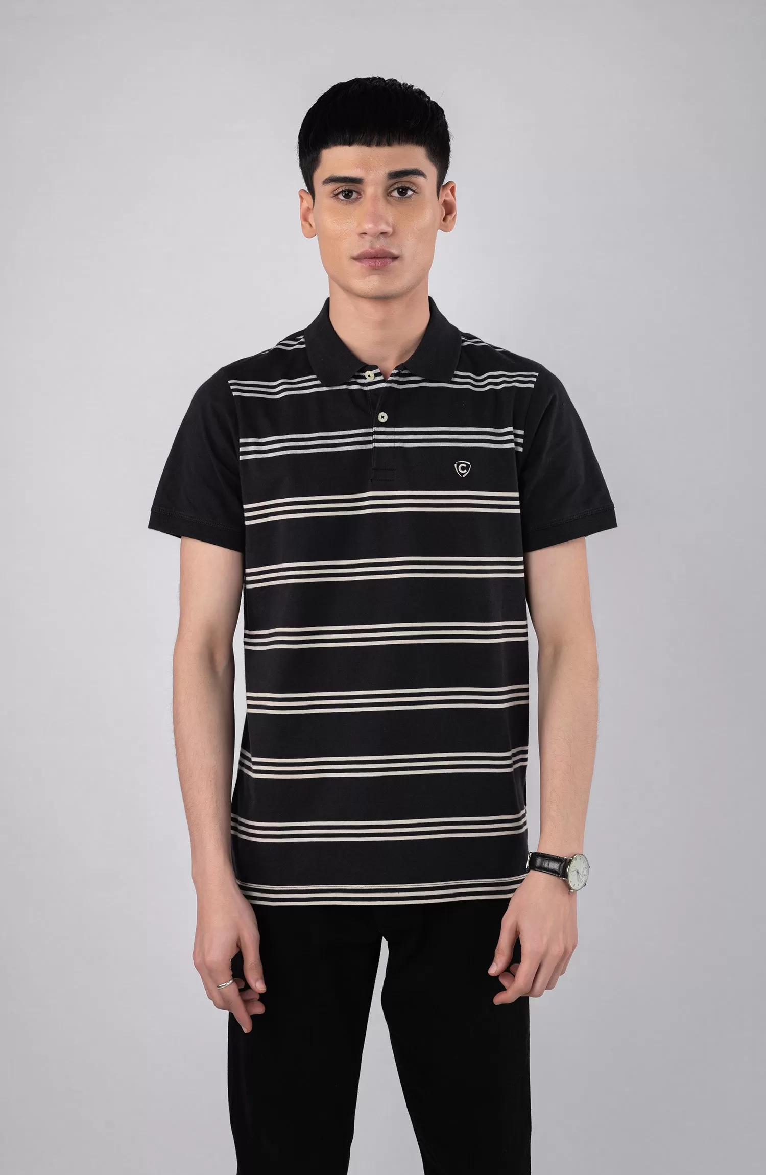 Black Polo Shirt With Grey Stripes