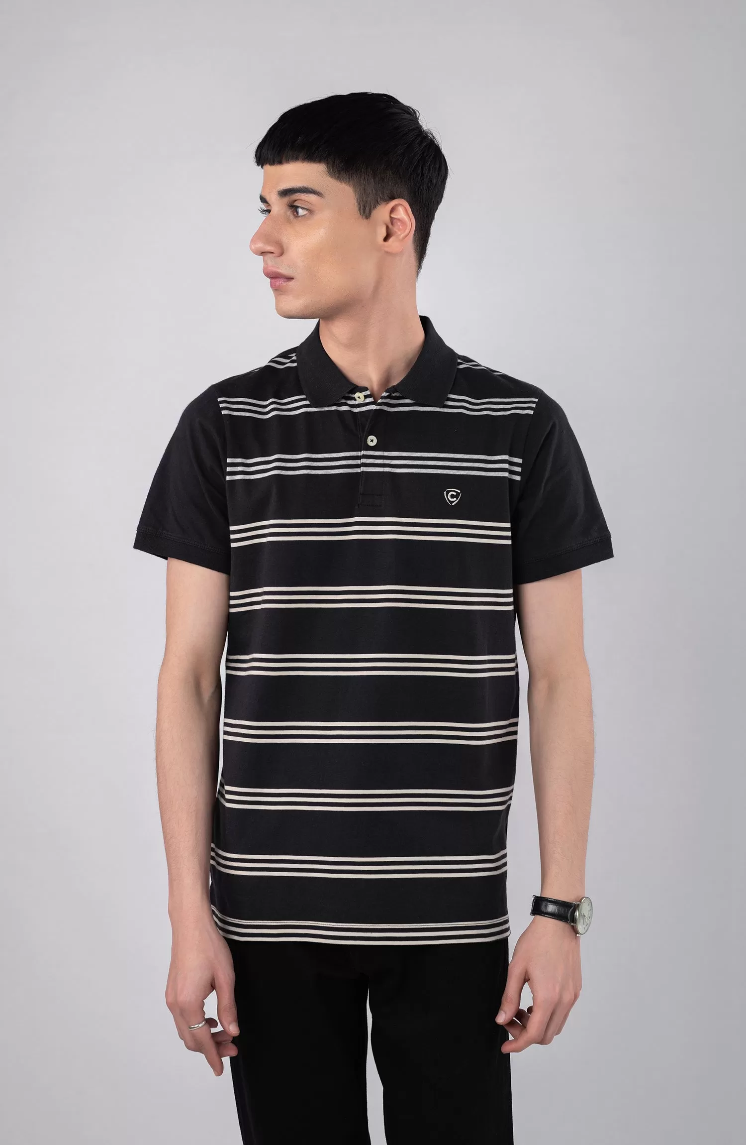 Black Polo Shirt With Grey Stripes