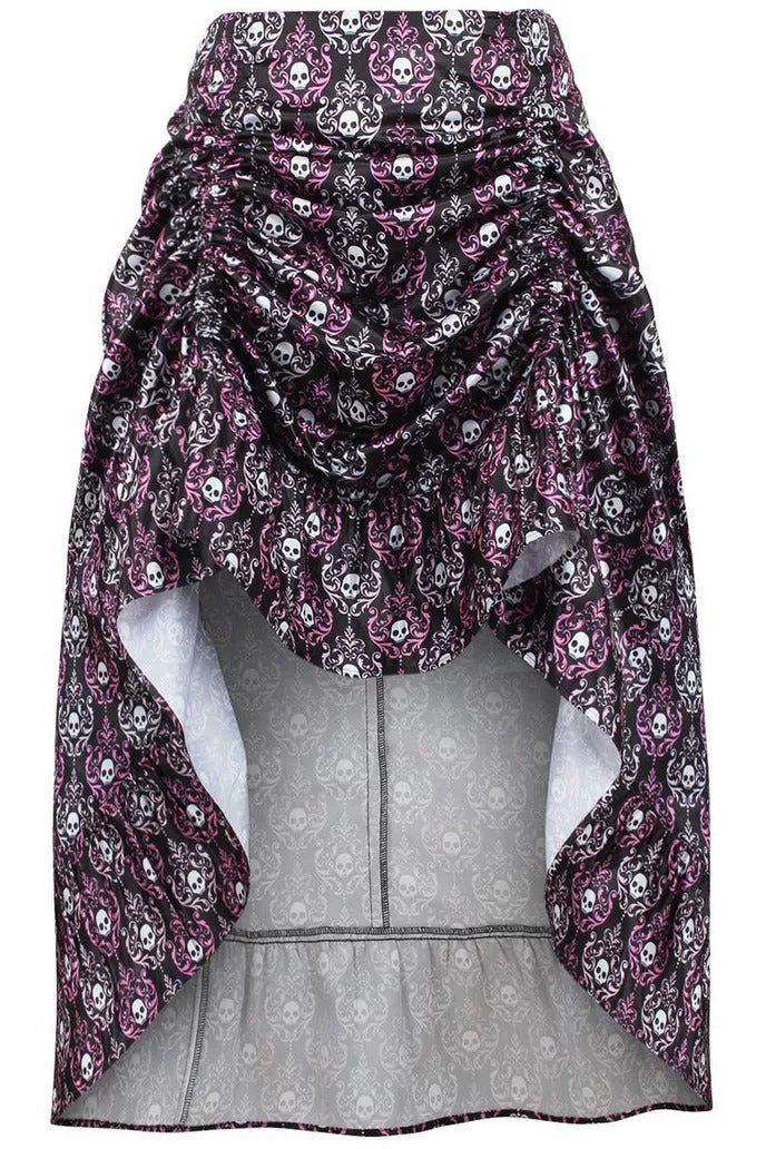 Black/White/Purple Skull Satin Adjustable High Low Skirt