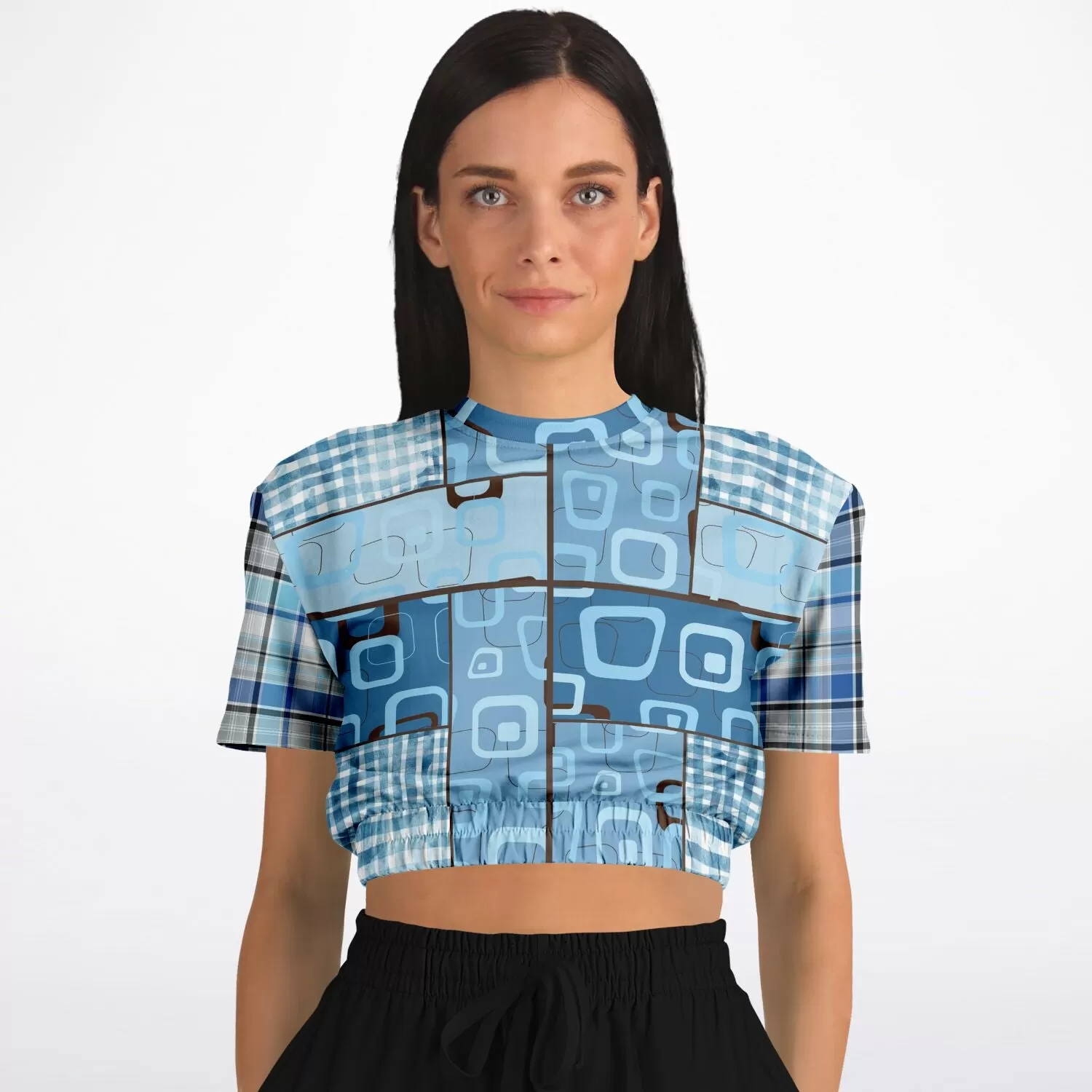 Blue Geo Plaid SW Short Sleeve Cropped Sweater