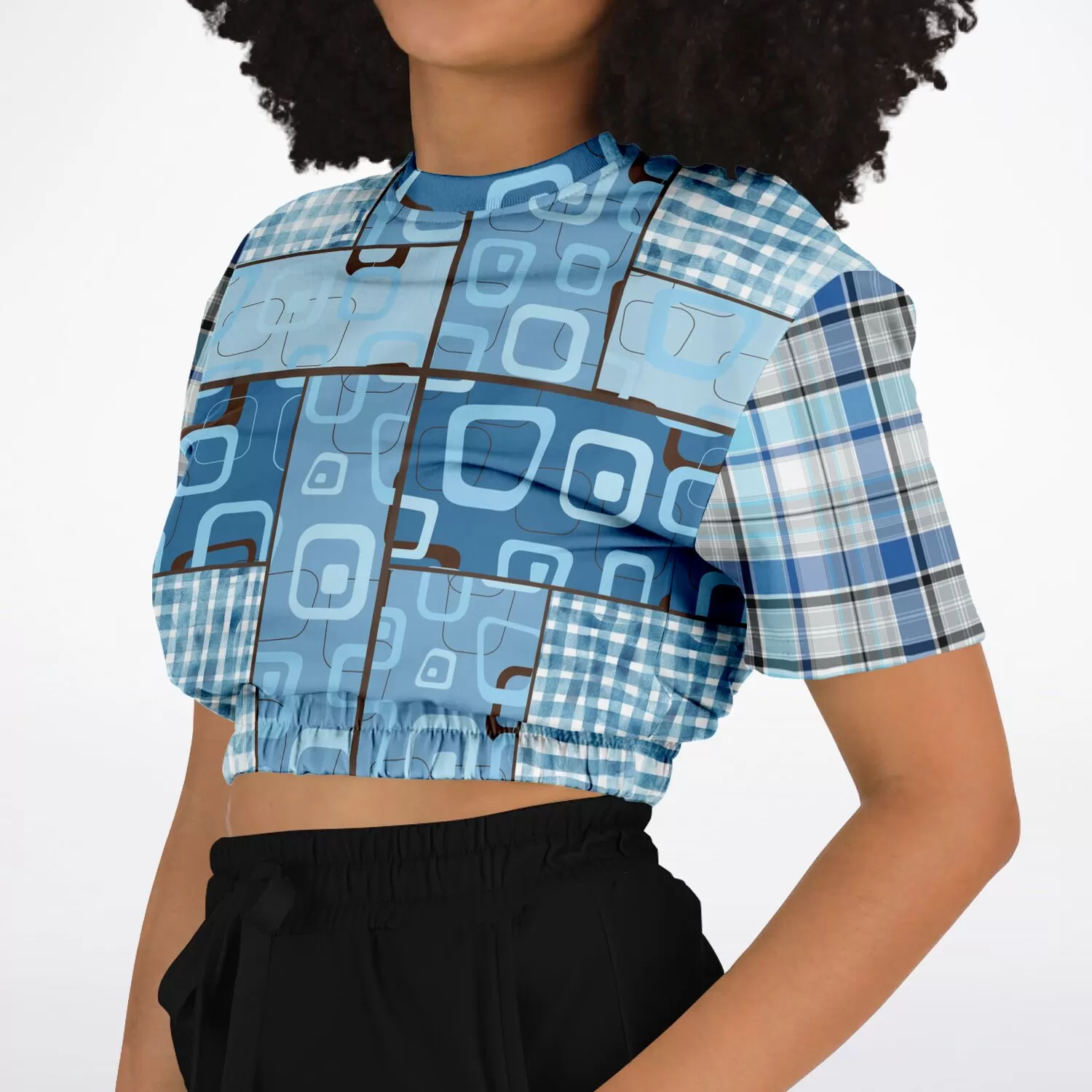 Blue Geo Plaid SW Short Sleeve Cropped Sweater