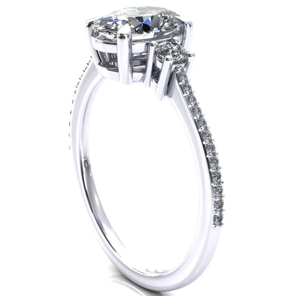 Bonnie 12x10mm or 5 Cts. DEW Crushed Ice Oval Moissanite Center Stone 4 Claw Prong 2 Rail Basket Round Sidestones Inverted Cathedral Diamond Accent Engagement 950 Platinum Ring