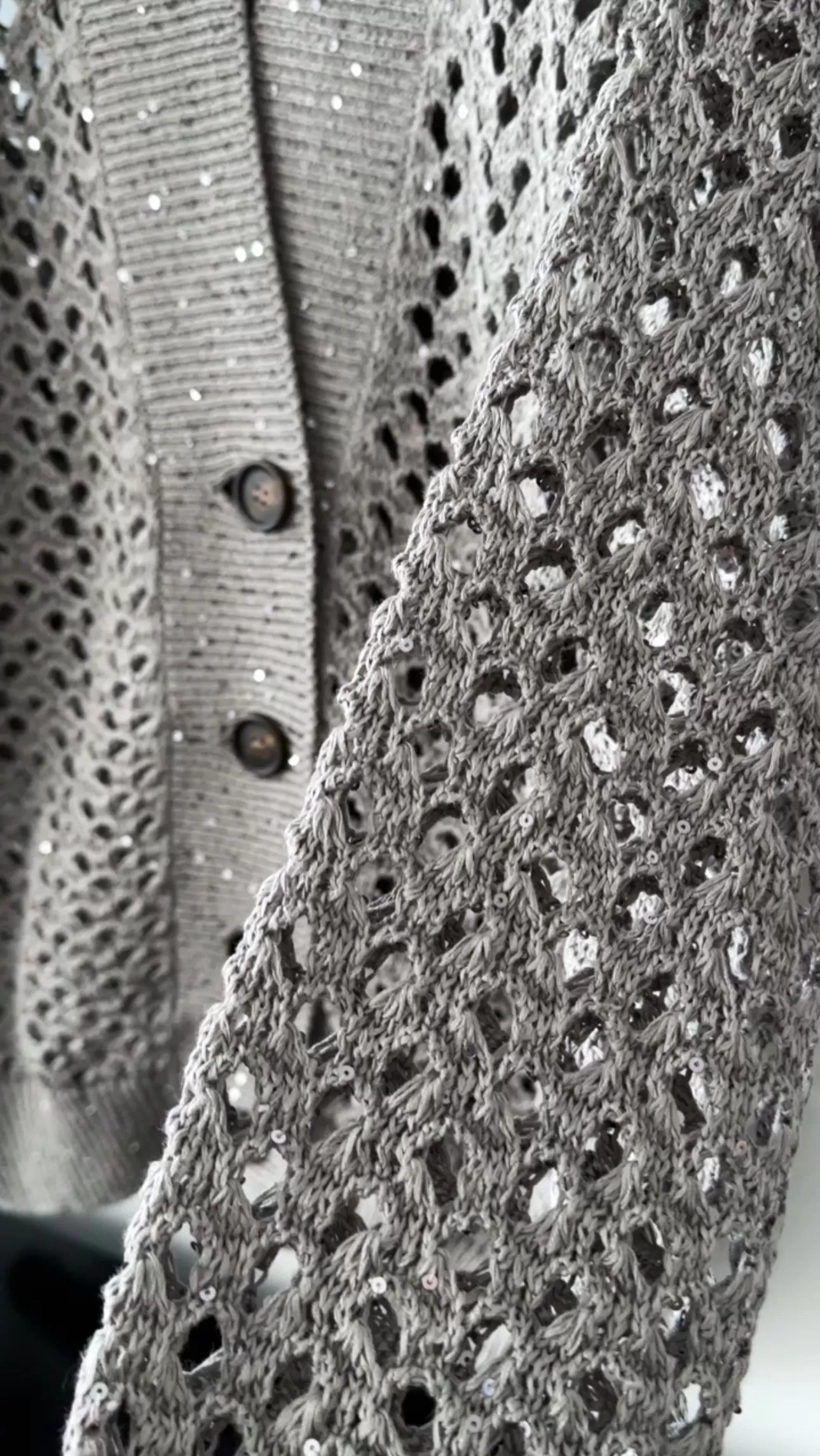 Brunello Cucinelli Grey Open Knit Sequin Cardigan Sweater - S