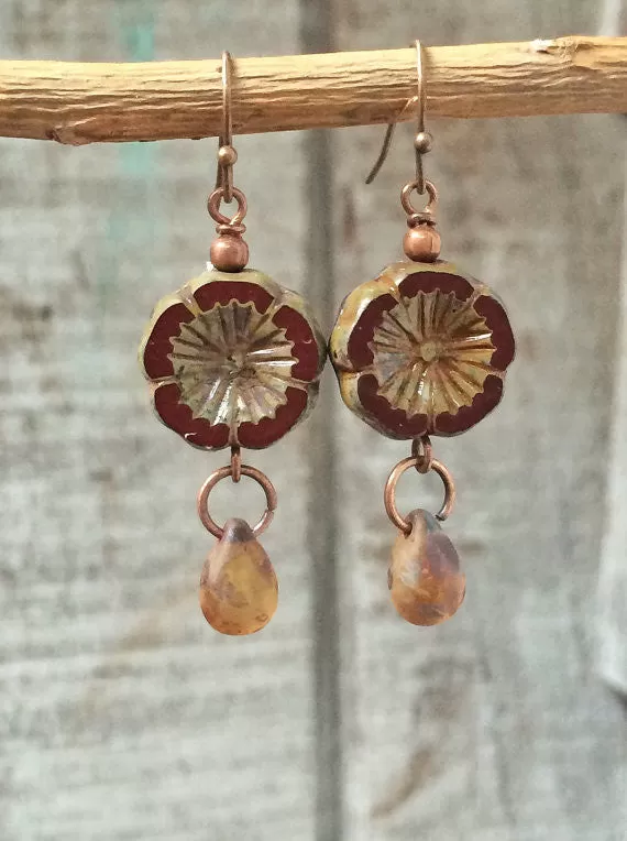 Burnt Orange Czech Glass Flower Earrings, Floral Jewelry with Copper