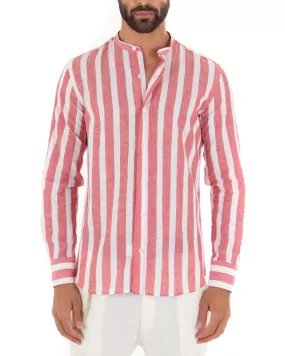 Camicia Uomo Riga Larga Collo Coreano Manica Lunga Lino Sartoriale Rosso GIOSAL-C2023A