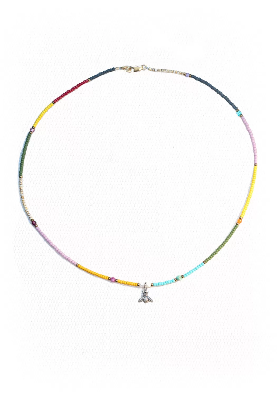 Catherine Michiels Diamond Bee Charm Rainbow Seed Bead Necklace